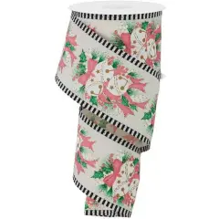 2.5" Jingle Bell Holly Stripe Edge Ribbon: Ivory (10 Yards)