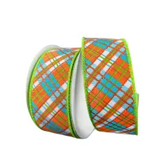 1.5" White Satin Busy Plaid Ribbon: Teal, Lime and Orange (10 Yards)