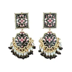 Oversized Indian Jhumka Earrings &ndash; Square Stud Jhumki, Ethnic Chandbali with Floral Print & Faux Pearls &ndash; Bollywood Dangle Jewelry for Women, Bride & Birthday Gift BLACK