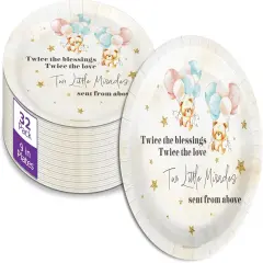 Twin Teddy Bear Baby Shower &ndash; 32 Pcs Disposable Party Plates Set