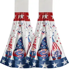 2PCs USA Gnome Kitchen Hanging Towels Memorial Veteran Day Patriotic Hand Tie Towel with Loop & Hook America Flag 4th of July Stars Soft Dish Cloth Fast Drying for Bathroom Farmhouse Home Decor