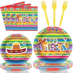 96 Pieces Fiesta Party Decorations Mexican Plates Tableware Set for Cinco De Mayo Party Decorations Supplies Mexican Themed Paper Dessert Plates Napkins Forks for 24 Guests Birthday Party Favors