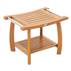 2-Tier Teak Wood Slatted Design Shower Bench Stool with Curved Seat and Bottom Storage Shelf