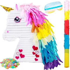 Unicorn Rainbow Pi&ntilde;ata for Girls Birthday Party Supplies Small Pi&ntilde;ata Set Includes Mask Bat and Confetti Bag for Kids Unicorn Theme Birthday Game Party Decorations, 16 x 10.6 x 3 Inches