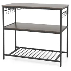 Grey Wooden Kitchen Island with 3 Shelves Wine Glass Holders and 10 Metal Hooks