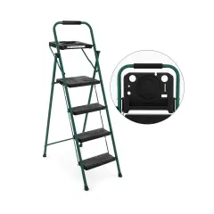Metal Foldable 4-Step Ladder with Tool Tray Non-Slip Footpads and Wide Pedals