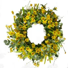 22" Yellow Daisy Wreath with Patriotic Welcome Sign &ndash; Handmade Summer Front Door Wreath with Realistic Silk & Plastic Flowers