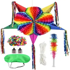Large Star Pi&ntilde;ata Set (32 inches) Authentic Handmade Colorful Foldable Pi&ntilde;ata Suitable for Birthday Party Fiesta Anniversary and Cinco De Mayo Festive Mexican Rainbow Pi&ntilde;ata Decoration for Kids Girls