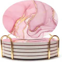 Set of 6 Pink Coasters for Drinks with Gold Holder