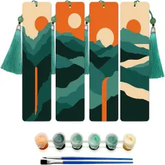Mountain Paint by Numbers Kit for Adults, 4 Pack Wood Bookmarks Paint by Numbers for Book Lovers, DIY Sunset Painting by Number Bookmarks with Tassel, Easy Paint by Number Kits for Gift 7x2 Inch