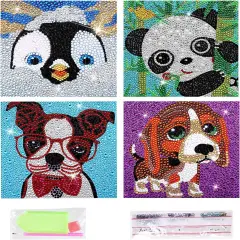 4Pcs DIY Art Painting Kits for Kids Animal Art and Crafts for Kids Ages 6-8-10-12 Girls Boys 5D Gem Art by Number Kits for Birthday Christmas Gifts