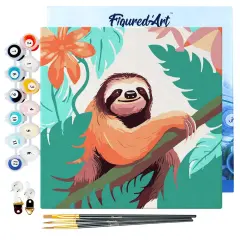 Figured'Art Mini Paint by Numbers Kit for Adults with Frame Tropical Sloth Small format 8"x8" - Craft Art Painting DIY Canvas Already Stretched on a Wooden Frame