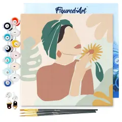 Figured'Art Mini Paint by Numbers Kit for Adults with Frame Abstract Woman in Green Turban Small format 8"x8" - Craft Art Painting DIY Canvas Already Stretched on a Wooden Frame