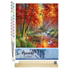 Figured'Art Paint by Numbers Kit for Adults Autumn River and Boat 16"x20" - Craft Art Painting Rolled Canvas with DIY wooden frame