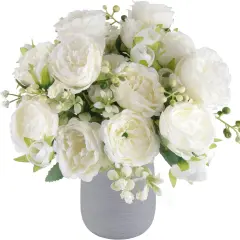 Artificial Summer Tabletop Floral Arrangements Peonies Silk Flowers, White Faux Peony Bouquet 4 Bundles Florals Arrangements Decor