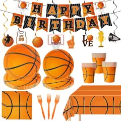 130 Pcs Basketball Party Supplies Basketball Party Decorations Plates Napkins Cups Forks Tablecloth Banner Hanging Swirl for Basketball Birthday Party Decorations, Serves 24