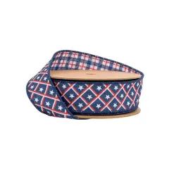 LaRibbons 1 1/2" Wired Ribbon | Patriotic Diamond Stars/Plaid | 10 Yard Roll
