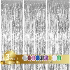 3Pcs Silver Metallic Tinsel Foil Fringe Curtains,3.28ft x 6.56ft Silver Photo Booth Backdrop Streamer Curtain,Great for Bachelorette,Birthday,Christmas,New Year Party Decorations