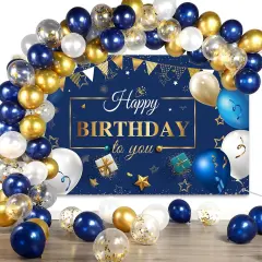 Navy Blue Birthday Confetti Balloons Kit Set 50 Pieces Photography Backdrop Banner Package for Boys Girls Men Women Birthday Party Decorations Supplies(Navy Blue and Gold)
