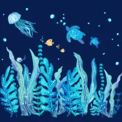 5 Sheets Turtle Wall Decals Stickers Under The Sea Stickers Ocean Grass Jellyfish Fish Removable Vinyl Decal for Bedroom Bathroom Nursery Room Wall Decor(Blue Glow Style)