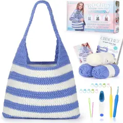 Crochet Kit for Beginners - Striped Tote Bag Set Includes Yarn, Hooks, Step-by-Step Guide, Needles & Accessories - Adults & Kids Crochet Starter Gift