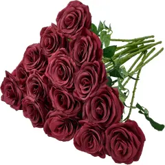 15pcs Artificial Rose Flowers Long Stem Burgundy Fake Silk Roses