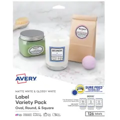 Avery Labels Variety Pack, Sure Feed Technology, Laser/Inkjet, Assorted Label Shapes, 126 Labels (80510)