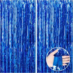 2 Pack 3.3x8.2 Feet Dark Blue Foil Fringe Backdrop Curtains, Tinsel Streamers for Ocean Birthday Party Decorations, Graduation, Halloween, Under The Sea, Disco Party