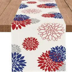 4th of July Independence Day Table Runner God Bless America Blue Red Dahlia Flower Memorial Day Table Runners Grey Modern Table Center Decor for Home Kitchen Dining Party Patio