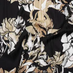 1 Yard Black, Beige & White Floral Burnout Stripes Polyester Crepe Back Satin Fabric 54" Width