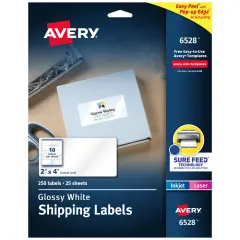 Avery Shipping Labels with Sure Feed and Easy Peel Technology, Glossy White Labels, 2" x 4", Permanent Adhesive, Laser/Inkjet, 250 Glossy Labels (6528)