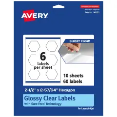 Avery Glossy Clear Hexagon Labels with Sure Feed, 2-1/2" x 2-57/64"