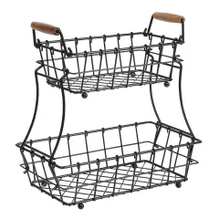 2-Tier Rectangle Countertop Fruit, Bread Wire Basket (Metal + Wood base)