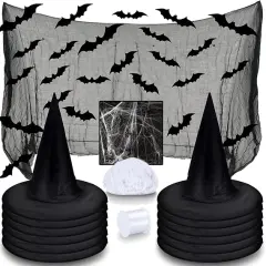 Halloween Decoration Set &ndash; 12 Witch Hats, 16 3D Bats, Spider Web, Cloth & Rope