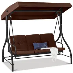 Best Choice Products 3-Seat Outdoor Converting Canopy Swing Glider Patio Hammock w/ Removable Cushions Brown