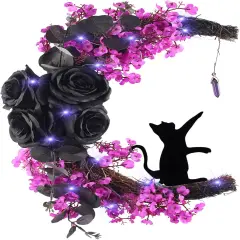 Black Halloween Door Wreath Cat Rose Moon - Black Moon