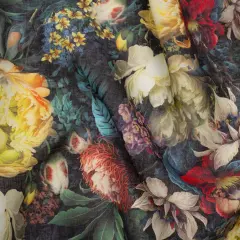 1 Yard Yellow Red Dark Green Linen Fabric Medium Weight Mythical Garden 58 inch Width