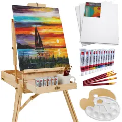 Best Choice Products French Easel, 32pc Beginners Kit Portable Wooden Adjustable Tripodw/ Paint Supplies Natural