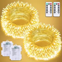 2 Pack Battery Operated String Lights with Remote - 66FT, 200 LED (Warm White)