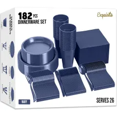 Exquisite 182 Pcs Plastic Plates for Party &ndash; Disposable Plates Set &ndash; 26 Each of 9" Dinner Plates, 7" Dessert Plates, Plastic Cups, Napkins & Plastic Cutlery &ndash; Plastic Dinnerware by Party Solids Navy