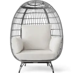 Best Choice Products Wicker Egg Chair Oversized Indoor Outdoor Patio Lounger w/ Steel Frame, 440lb Capacity Gray/White Sand
