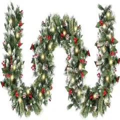 9ft Christmas Garland with Lights,Lighted Artificial Flowering Pine Garland