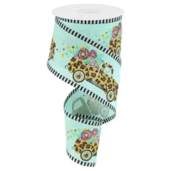 2.5" Leopard Truck Flower Stripe Ribbon: Mint Green (10 Yards)