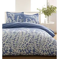 3-Piece Full/Queen Floral Pattern Cotton Comforter Set with 150 Thread Count Includes Comforter and Shams Blue-White
