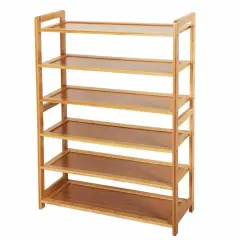 Brown Solid Wood Wicker 6-Shelf Shoe Rack for 24 Pairs with Freestanding Design