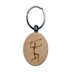 Cave Drawing Hunter Early Man with Spear Petroglyph Engraved Wood Round Keychain Tag Charm