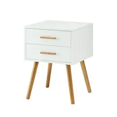 Modern 2-Drawer End Table Nightstand White with Solid Wood Legs and Piano Finish Surface