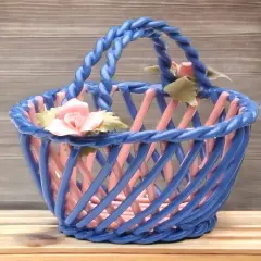 Ceramic Small Woven Blue Basket with Pink Rose Flowers, Home D&eacute;cor, Gift for Her, Gift for Mom, Nature Lover Gift
