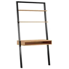 Rustic Oak Black Solid Wood Ladder Writing Desk with Shelves and Slim Frame