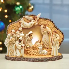 Collections Etc Hand Painted Lighted Rustic Tabletop Nativity Scene